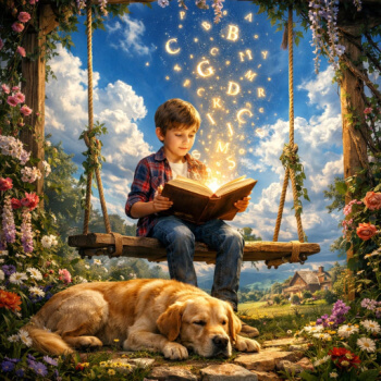 Boy reading on a swing