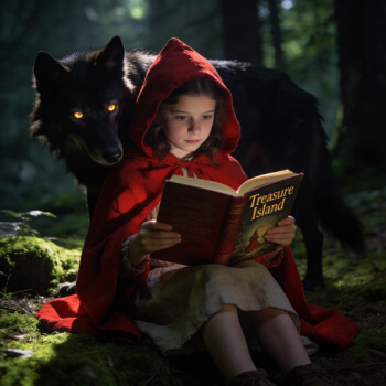 Everyone loves a good story. Little Red Riding Hood and wolf reading a book