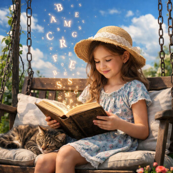 girl on swing reading