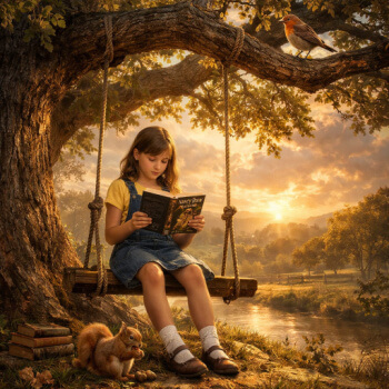 girl on swing reading a book