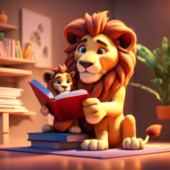 lion reading to cub
