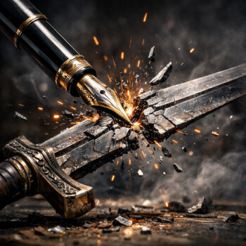 a pen breaking a sword