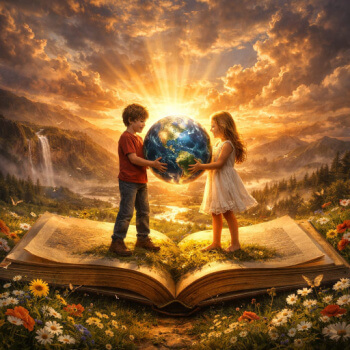 children standing on book holding the world