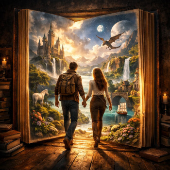 couple walking through book into fantasy world