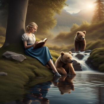 woman reading by a stream with bears