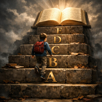 boy climbing steps of letters to open book