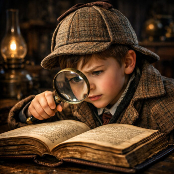 boy wearing Sherlock holmes hat examining a book