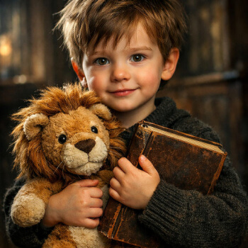 child holding a stuffed lion and a book