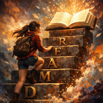 girl climbing steps to reach open book