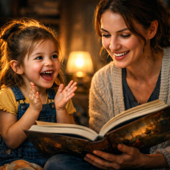 child delighted at mother reading