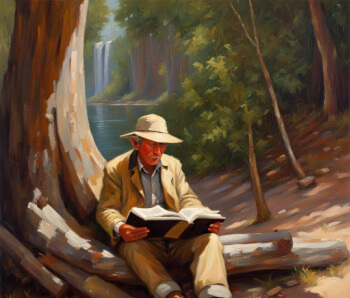 man reading in forest