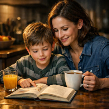 mother and son reading