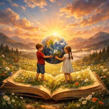 children standing on open book and holding world
