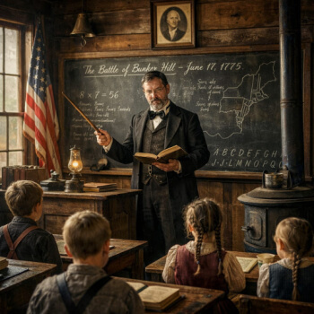 Old fashioned teacher in one room school