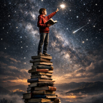 teenager on a stack of books reaching for the stars