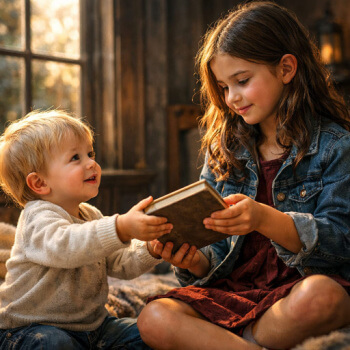 toddler handing book to sister