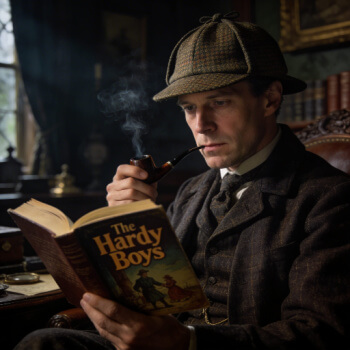 Elementary, but interesting. Reading is fun for everyone. Sherlock Holmes reading The Hardy Boys