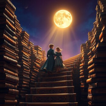 boy and girl climb stairs of books