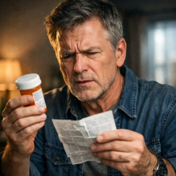 Man trying to read pill jar