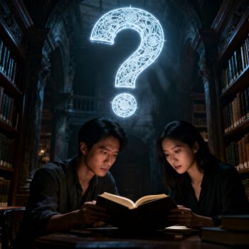 man and woman questioning a book