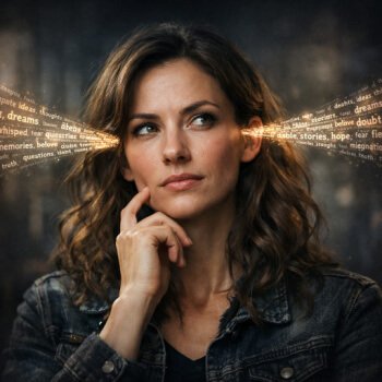 woman thinking with words flowing through her mind